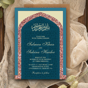 Invitation Bleu Océan Rose Doré Paillettes Mihrab Mariage Mus