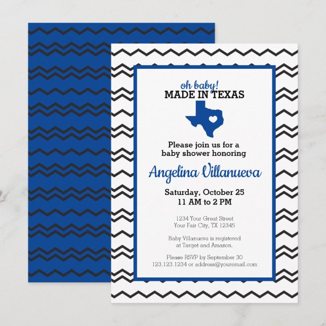 Invitation Bleu Oh Bébé ! Chevron Fabriqué au Texas Douche (Devant / Derrière)