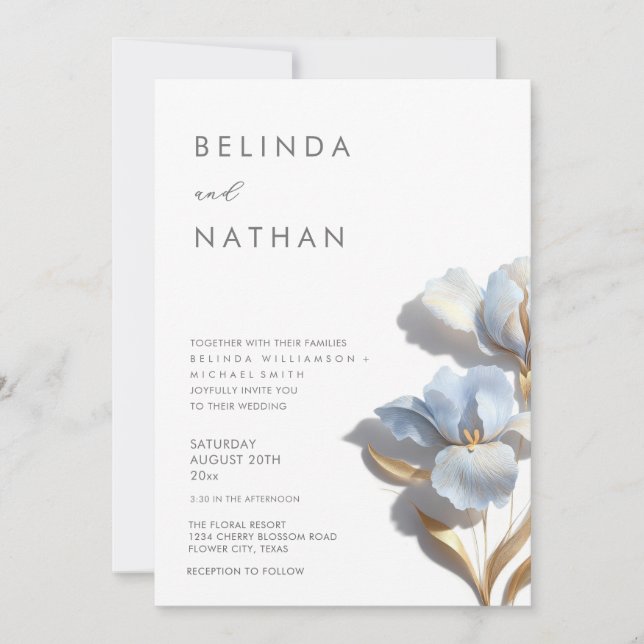 Invitation Bleu Or 3D Fleurs Blanc (Devant)