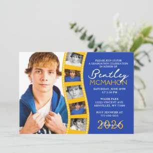 Invitation Bleu & Or 6 Photo Filmstrip Graduation Collage