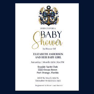 Invitation Bleu Or Ancre Naautique Garçon Baby Shower