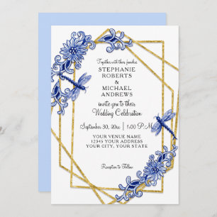 Invitation Bleu or asiatique libellule Chine Fleurs aquarelle