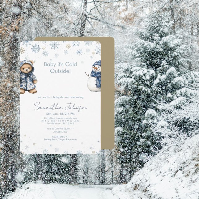 Invitation Bleu & Or  Bébé Il Fait Froid Dehors Bébé enneigé  (Créateur téléchargé)
