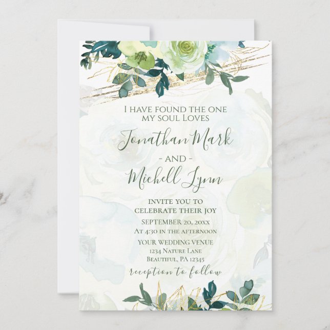 Invitation Bleu Or Blanc Floral Vert Mariage chrétien (Devant)