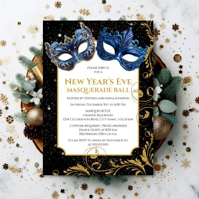 Invitation Bleu Or Bleu de la Saint-Sylvestre Masquerade Ball (Set the tone for a memorable NYE celebration by inviting your guests with this elegant invitation.)