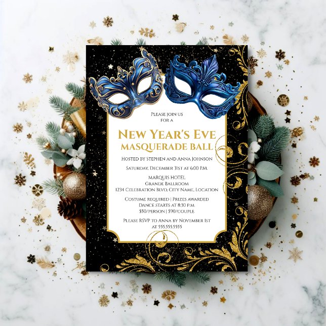 Invitation Bleu Or Bleu de la Saint-Sylvestre Masquerade Ball (Set the tone for a memorable NYE celebration by inviting your guests with this elegant invitation.)