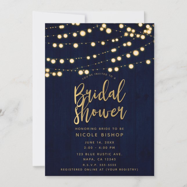 Invitation Bleu Or Bois Rustique & Lumières Fête de Mariage d (Devant)