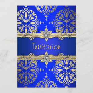 Invitation Bleu Or Damassé Annonce de Fête Bleu Royal