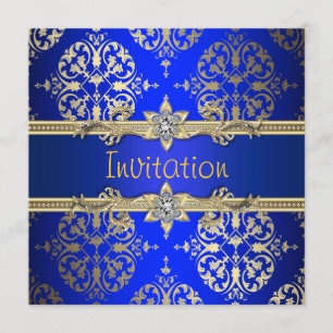 Invitation Bleu Or Damassé Bleu Royal Fête