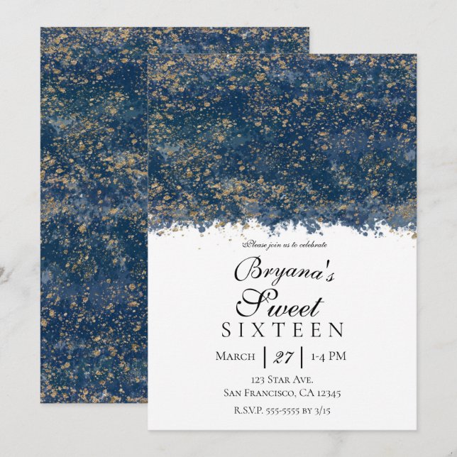 Invitation Bleu Or Éclaboussure Moderne Glamour Douce Fête de (Devant / Derrière)