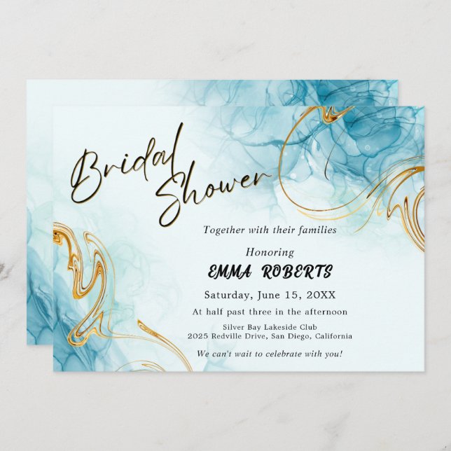 Invitation Bleu or et blanc Elégant aquarelle nuptiale (Devant / Derrière)