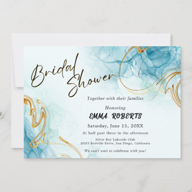 Invitation Bleu Or et Élégant Aquarelle Blanche Mariée  (Devant)