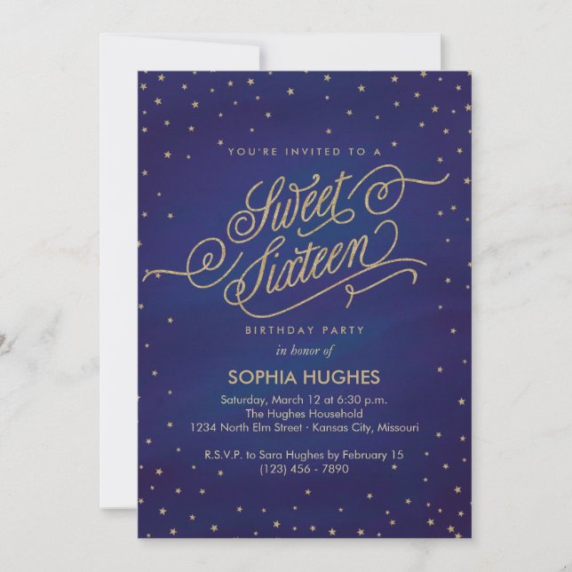 Invitation Bleu & Or Etoiles Sweet sixteen (Devant)