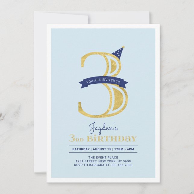 Invitation Bleu & Or | Fête d'anniversaire de 3 ans pour garç (Devant)