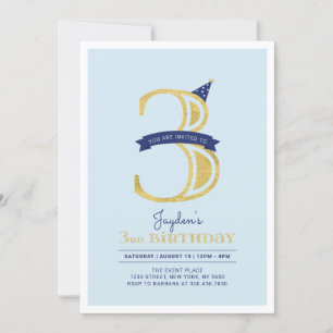 Invitation Bleu & Or   Fête d'anniversaire de 3 ans pour garç