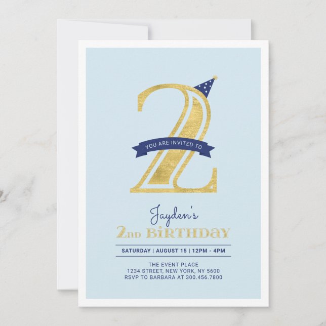 Invitation Bleu & Or | Fête d'anniversaire des 2 ans d'un gar (Devant)