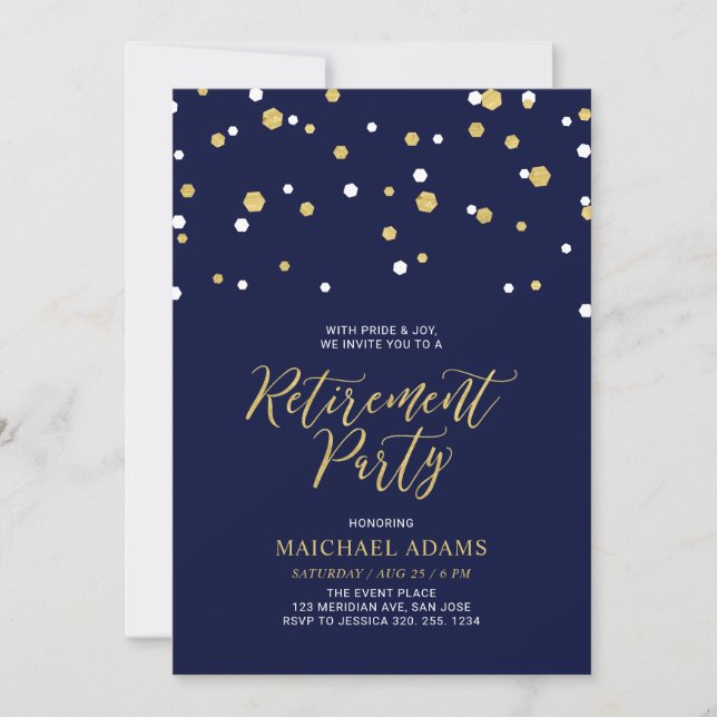 Invitation Bleu & Or | Fête de retraite avec confettis hexago (Devant)