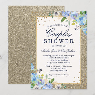 Invitation Bleu Or floral Étincelle Couples Douche