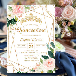 Invitation Bleu Or Floral Papillon géométrique Quinceanera