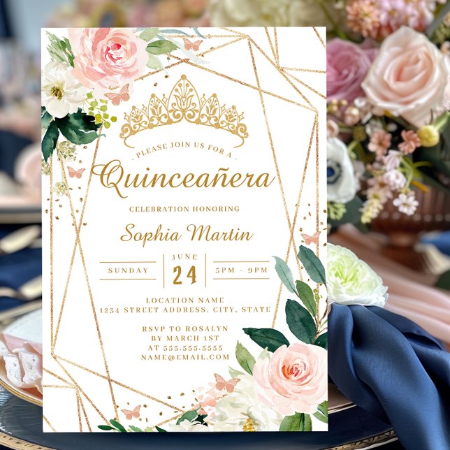 Invitation Bleu Or Floral Papillon géométrique Quinceanera (Créateur téléchargé)