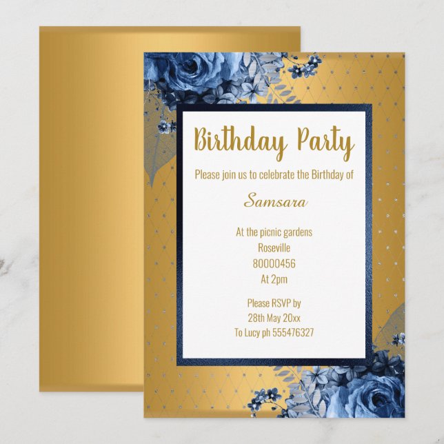 INVITATION BLEU OR FLORAL PLEIN IMPRIMER TOUTE OCCASION ANNIV (Devant / Derrière)