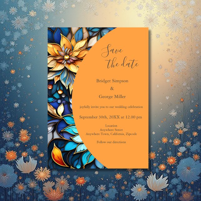 Invitation Bleu & Or Floral Vitrail Mariage élégant (Créateur téléchargé)