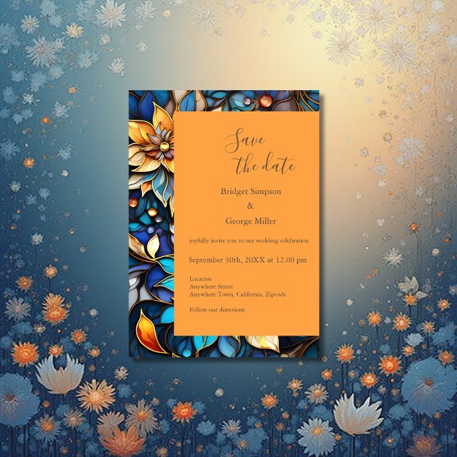 Invitation Bleu & Or Floral Vitrail Mariage élégant (Créateur téléchargé)