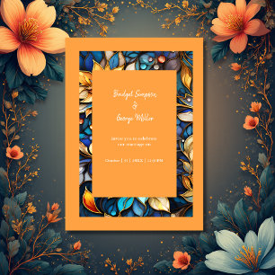 Invitation Bleu & Or Floral Vitrail Mariage élégant