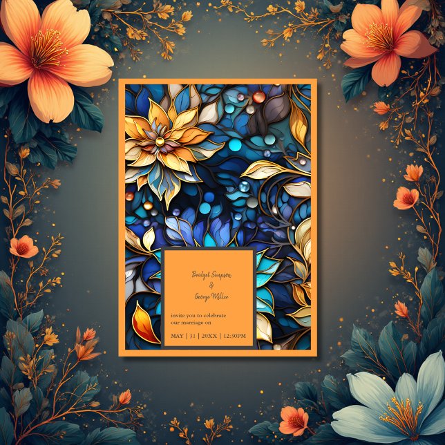 Invitation Bleu & Or Floral Vitrail Mariage élégant (Créateur téléchargé)