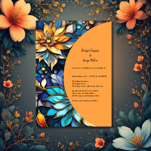 Invitation Bleu & Or Floral Vitrail Mariage élégant
