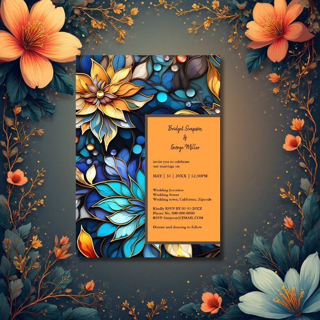 Invitation Bleu & Or Floral Vitrail Mariage élégant (Créateur téléchargé)