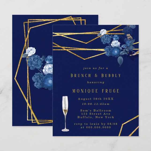 Invitation Bleu & Or Géométrique Floral Brunch & Bubbly (Devant / Derrière)