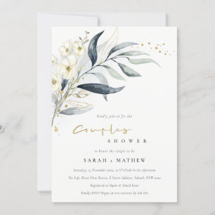 Invitation Bleu Or Leafy Botanique Floral Couples Douche