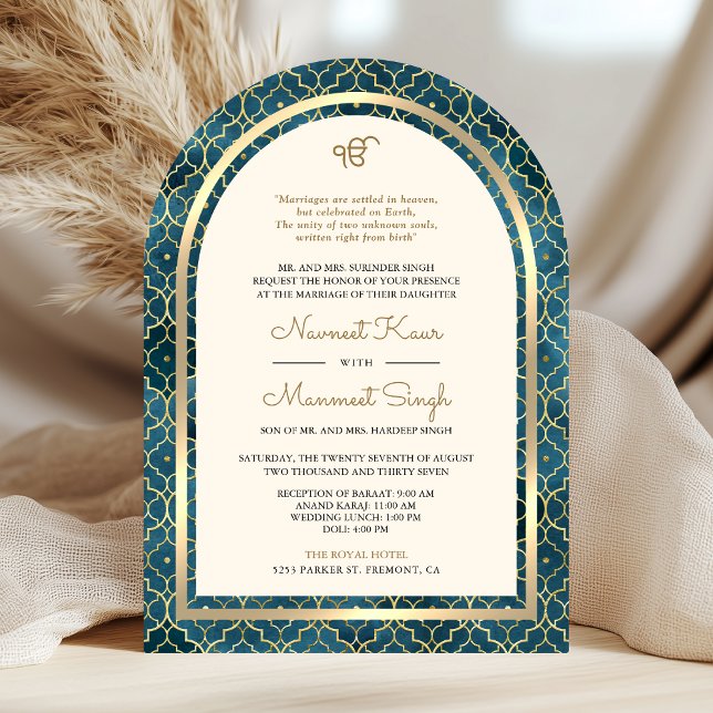 Invitation Bleu Or Marocain Code QR Mariage Sikh Arch (Créateur téléchargé)