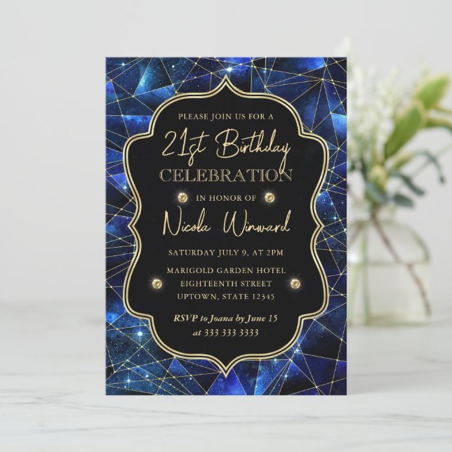 Invitation Bleu & Or Minuit Cristal Galaxie 21e Anniversaire (Debout devant)
