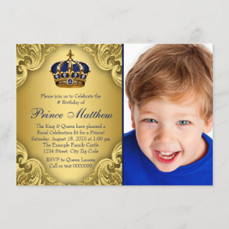 Invitation Bleu or Prince héritier fête d'anniversaire