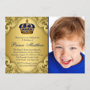 Invitation Bleu or Prince héritier fête d'anniversaire