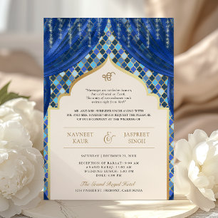 Invitation Bleu Or Quatrefoil Code QR Mariage Sikh