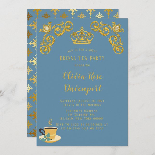 Invitation Bleu & Or Royal Couronne Damask Bride Tea Party (Devant / Derrière)