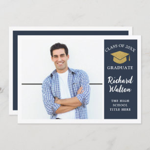 Invitation Bleu & Or simple et élégant Parti de graduation ph