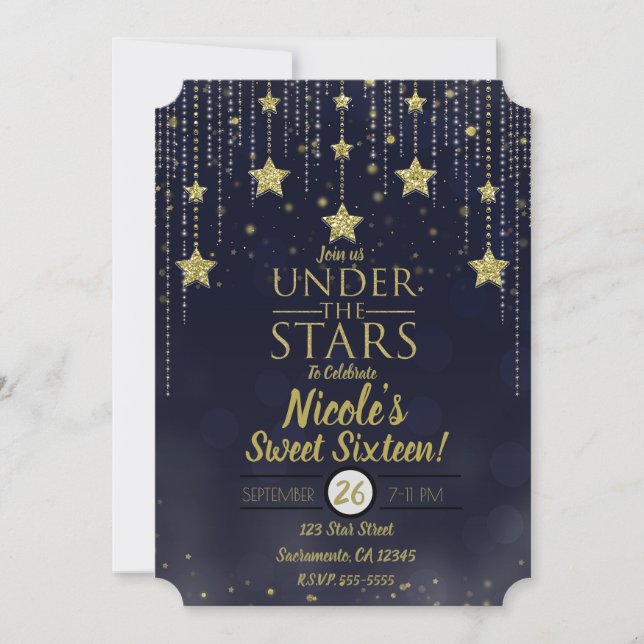 Invitation Bleu & Or Sous Les Étoiles Starry Sweet 16 (Devant)