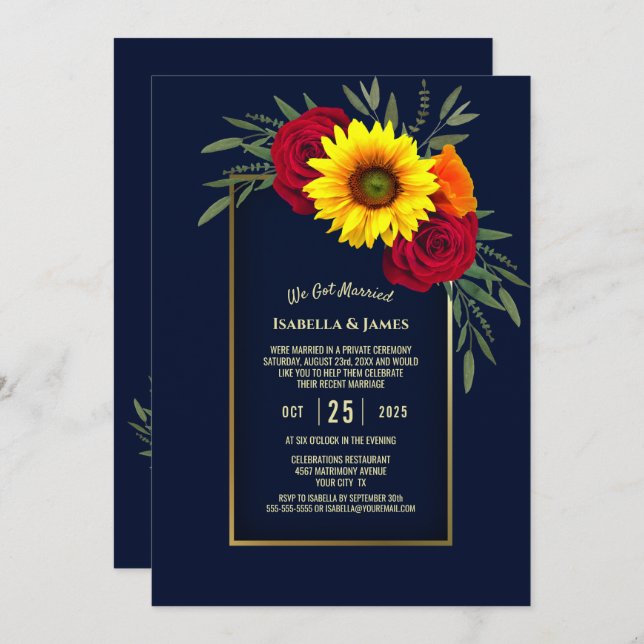 Invitation Bleu or tournesol rouge Rose accueil de mariage (Devant / Derrière)