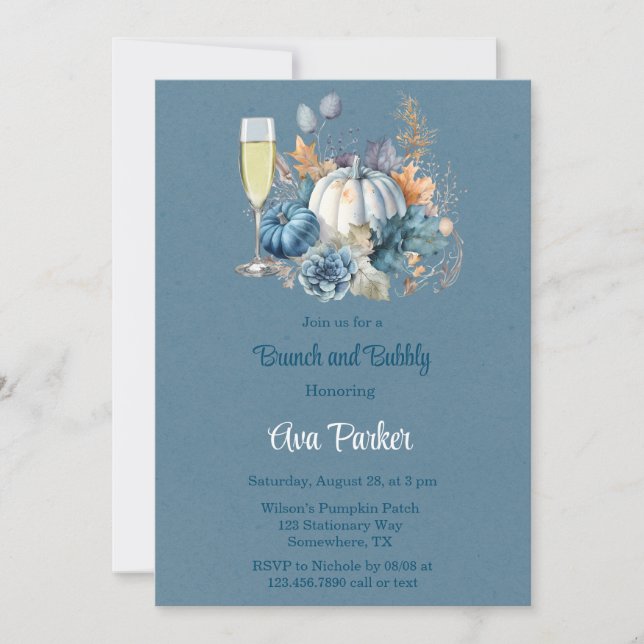 Invitation Bleu Orange Citrouille Peony Brunch et Bubbly (Devant)