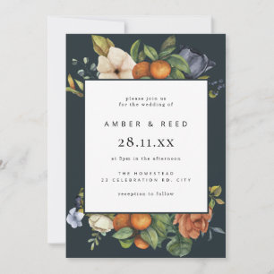 Invitation Bleu Orange Été Floral Botanique Mariage Boho