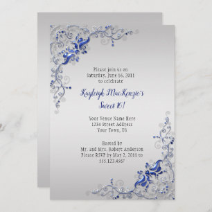 Invitation Bleu Ornat Fils d'argent sur Silver Sweet 16