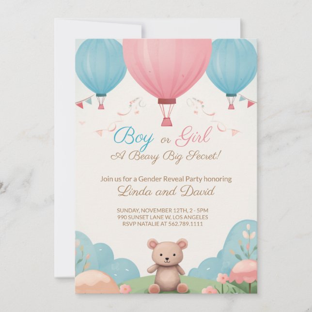 Invitation Bleu ou rose Teddy Bear Genre Revevela Party (Devant)