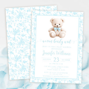 Invitation Bleu ours en peluche motif floral bébé garçon douc