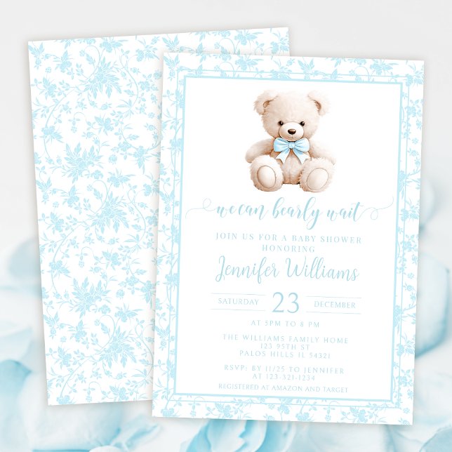 Invitation Bleu ours en peluche motif floral bébé garçon douc (Créateur téléchargé)