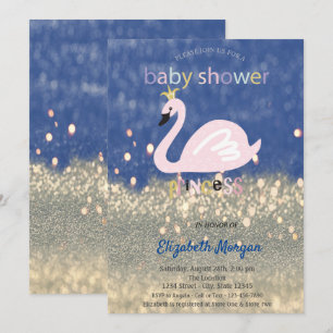 Invitation Bleu, Paillettes Dorées Bokeh, Baby Shower Cygne