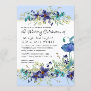 Invitation Bleu pâle et or Aquarelle Mariage floral de pavot
